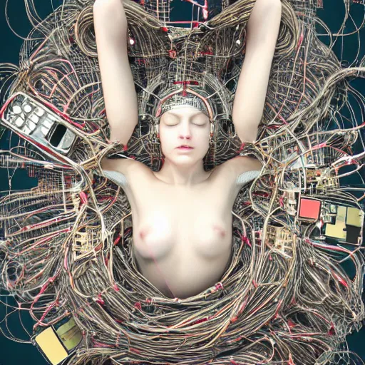 Image similar to tapping in to something greater, piles of modular synth cables, goddess laying down wearing a headpiece made of circuit boards, by cameron gray, wlop, stanley kubrick, masamune, hideki anno, unique perspective, trending on artstation, 3 d render, vivid