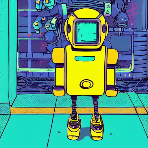 Image similar to robots need love too adorable cute cyberpunk street hustler mech-robot wearing walkman cyan and yellow colored paint oozing from mouth centre image cool street style relaxed pose Jamie Hewlett style moebius style pastel color style neon lights messy cables line drawing,