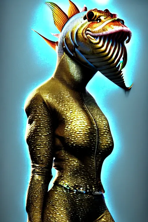 Prompt: epic professional digital photo of female human - fish hybrid animal wearing air force jumpsuit, humanoid scaly fish head, airbrush painting, by neal adams and joelle julie, artstation, cgsociety, wlop, epic, much wow, much detail, gorgeous, detailed, cinematic, masterpiece