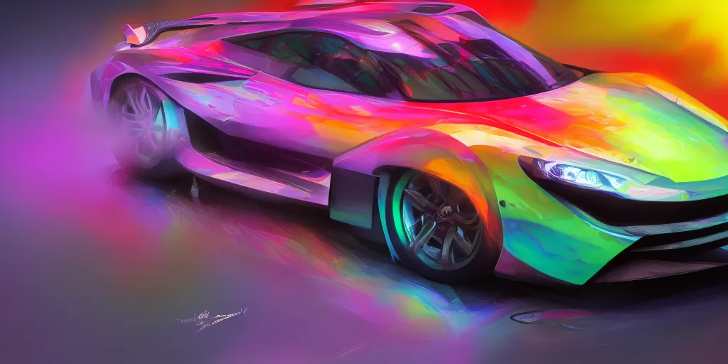 Image similar to full view of a sport car, painted in many bright colors holographic pearlescent, elegant, digital painting, concept art, smooth, sharp focus, art style from Wang Ke and Greg Rutkowski and Bruce Kaiser and Scott Robertson and Dmitry Mazurkevich and Doruk Erdem and Jon Sibal, small style cue from Blade Runner