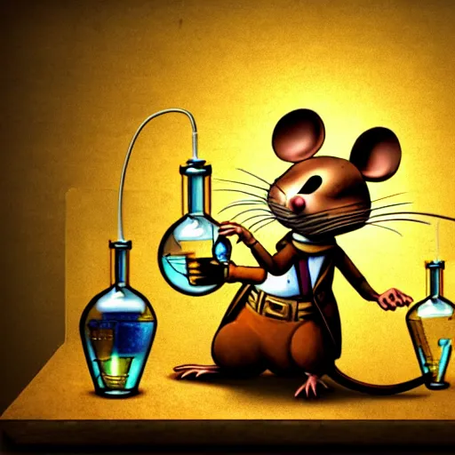 Image similar to anthropomorphic steampunk mouse performing a chemistry experiment with bright radioactive beakers, realistic, chiaroscuro, renaissance art, realistic, intricate textures