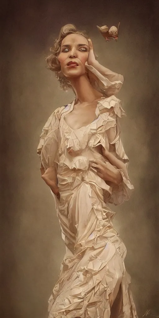 Image similar to a beautiful hyperrealistic portrait pose of a stunning 1950’s model in a cream-and-orange dress looking cheeky, intricate, elegant, highly detailed, smooth, sharp focus, award-winning, masterpiece, in the style of Tom Bagshaw, Cedric Peyravernay, Peter Mohrbacher