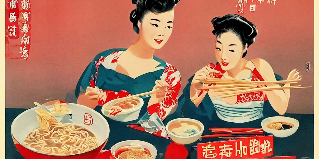 Prompt: 2 beautiful women holding chopsticks and eating a bowl of ramen, 1950s poster art