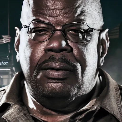 Image similar to Portrait of Huell from Breaking Bad as the emperor of humanity from warhammer 40k in Gears of War, splash art, movie still, cinematic lighting, dramatic, octane render, long lens, shallow depth of field, bokeh, anamorphic lens flare, 8k, hyper detailed, 35mm film grain