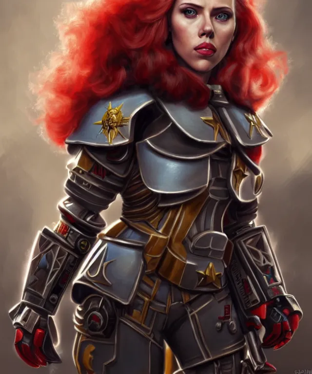 Image similar to Scarlett Johansson as a battle sister from Warhammer 40k, portrait, highly detailed, intricate, concept art, artstation