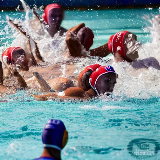 Prompt: water polo being played with hippos. sports photograph.