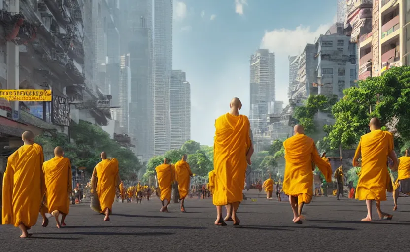 Image similar to In a future Bangkok, yellow-robed monks and huge elephants walk the streets of a bustling city under the hot sun ,by Jamie Jones and greg Rutlkowski ,hyperrealistic rendered in 4k, cinematic composition vray photorealistic focused lighting, HD