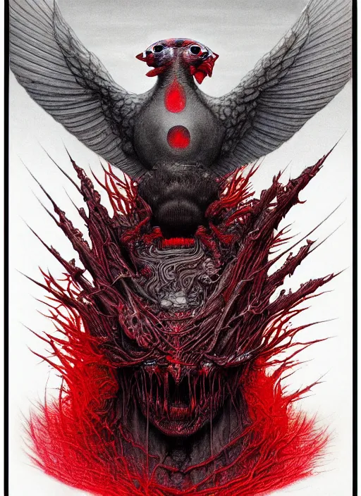 Prompt: front view of spirit of chthonic demonic pigeon with red eyes and dark grey wings, on background red like hell, highly detailed, art by Ayami Kojima, Beksinski, Giger, Beeple