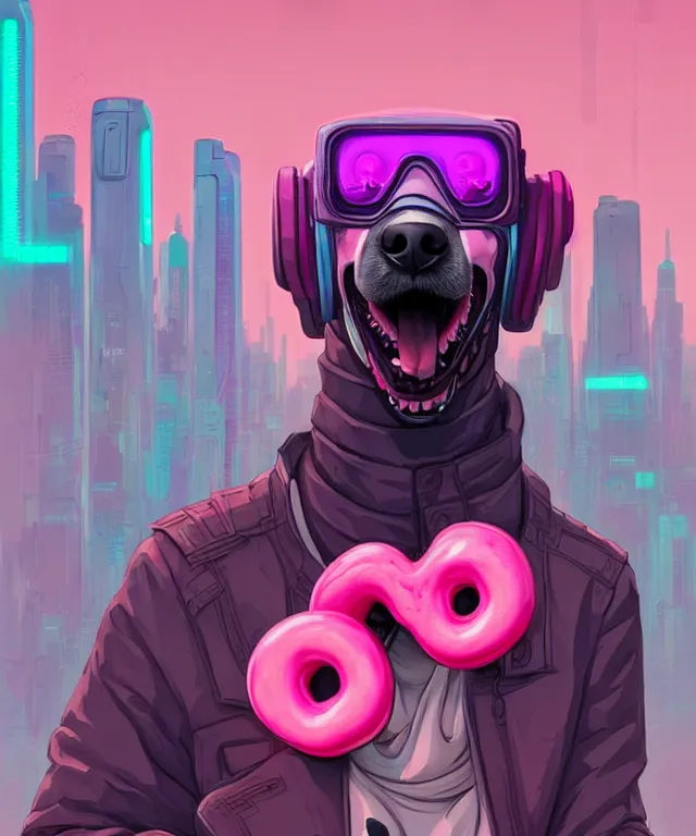 Image similar to a portrait of an anthropomorphic cyberpunk greyhound dog eating a pink donut, cyberpunk!, cyberpunk cityscape background, fantasy, elegant, digital painting, artstation, concept art, matte, sharp focus, illustration, art by josan gonzalez