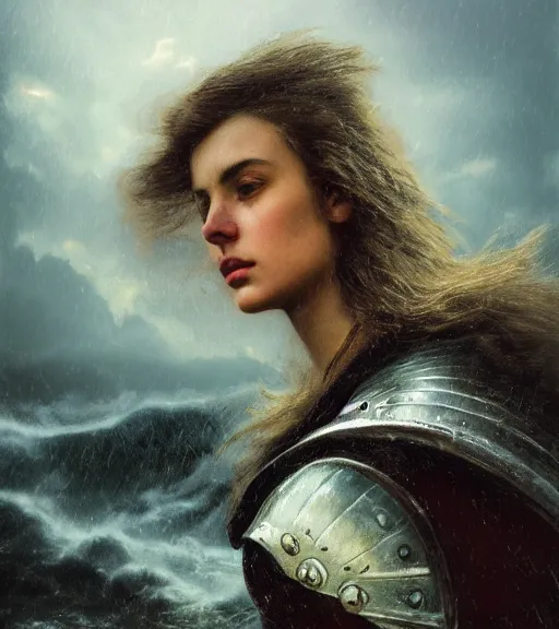 Image similar to knight, norway fjord, extreme close up portrait, hudson river school, max rive, armor made of ocean, stormy seas, beautiful, bokeh, female, snowy, storm clouds, god rays, extreme close up portrait, d & d, fantasy, elegant, low key color palette, concept art, roger deakins and greg rutkowski and alphonse mucha