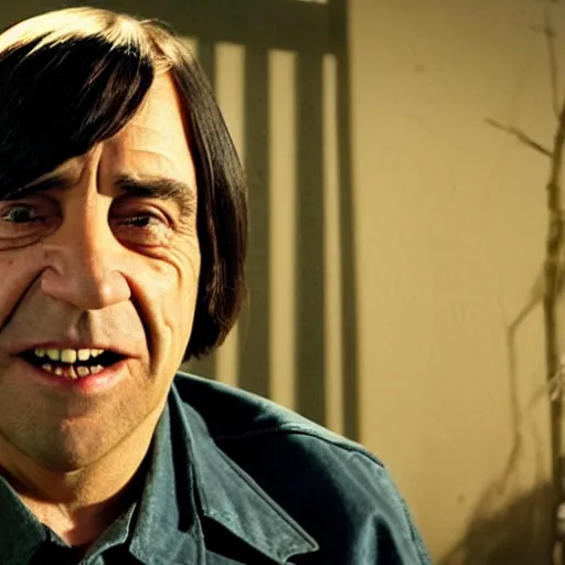 Image similar to still from no country for old men featuring anton chigurh but his head is really tall and he is smiling like a maniac