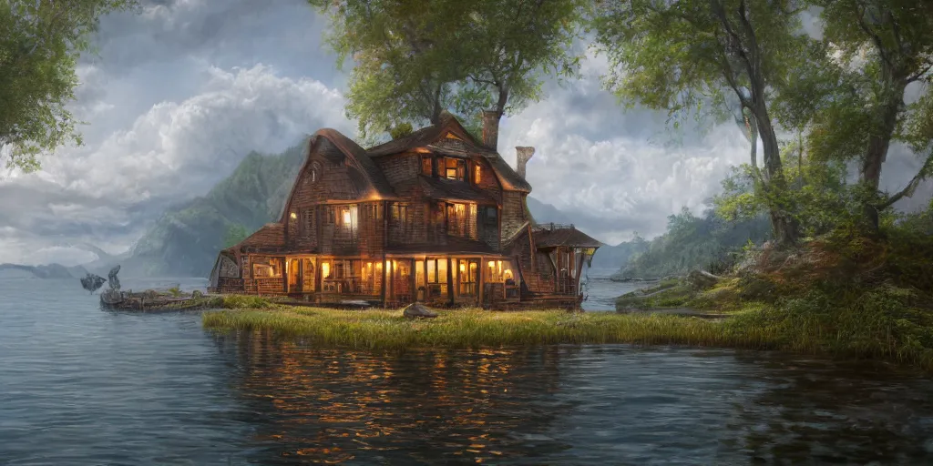 Image similar to an oil painting of a lakehouse, masterpiece, highly detailed, high quality, 4 k, anatomically correct, hyperrealistic, concept art, octane render, unreal engine 5, trending on artstation, trending on deviantart, matte, historical painting, fantasy style, path traced, high coherence, soft lighting, digital painting, mythical