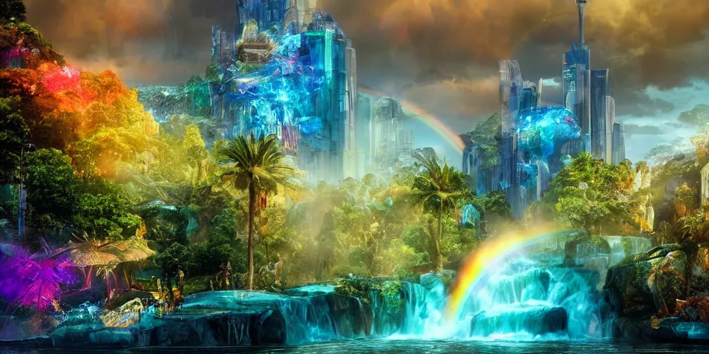 Image similar to a octane render of a landscape with a epic city and aquamarine coloured gras beautiful trees made from gold and rainbow liquid waterfalls and marvel hell riders with rainbow flames as citizen hollywood style, by waya steurbaut entertainment, dark, intricate, highly detailed, smooth, artstation, high resolution film render 100k, photo realistic style, epic, colourful, close up shot, 3D