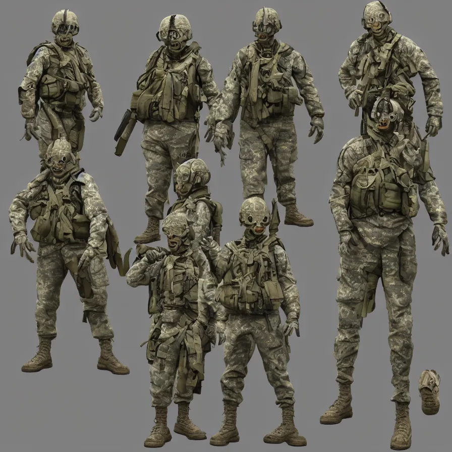 Prompt: suited beings, 4 limbs and civilized behavior, military soldier behavior, photorealistic rendering, hyperdetailed