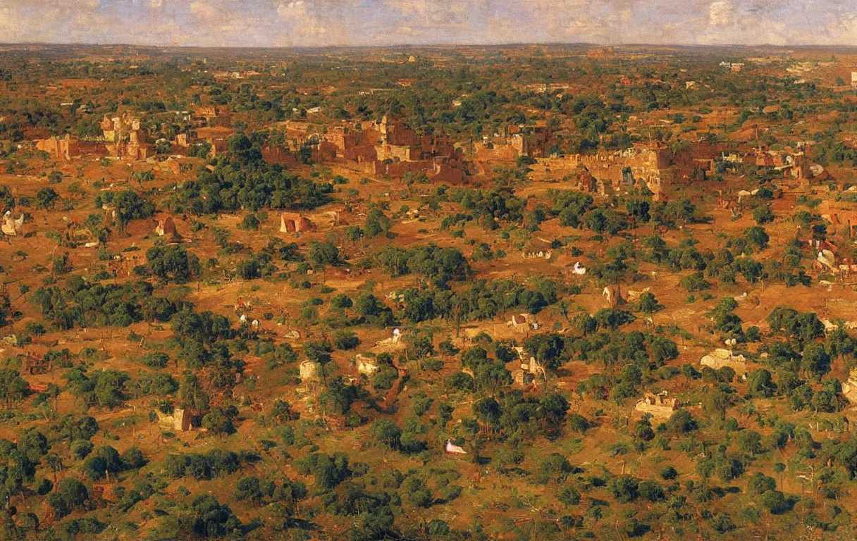 Prompt: 9m tall defensive wall surrounding small town of abeokuta in nigeria from above, 1885, bright colors oil on canvas, by Ilya Repin