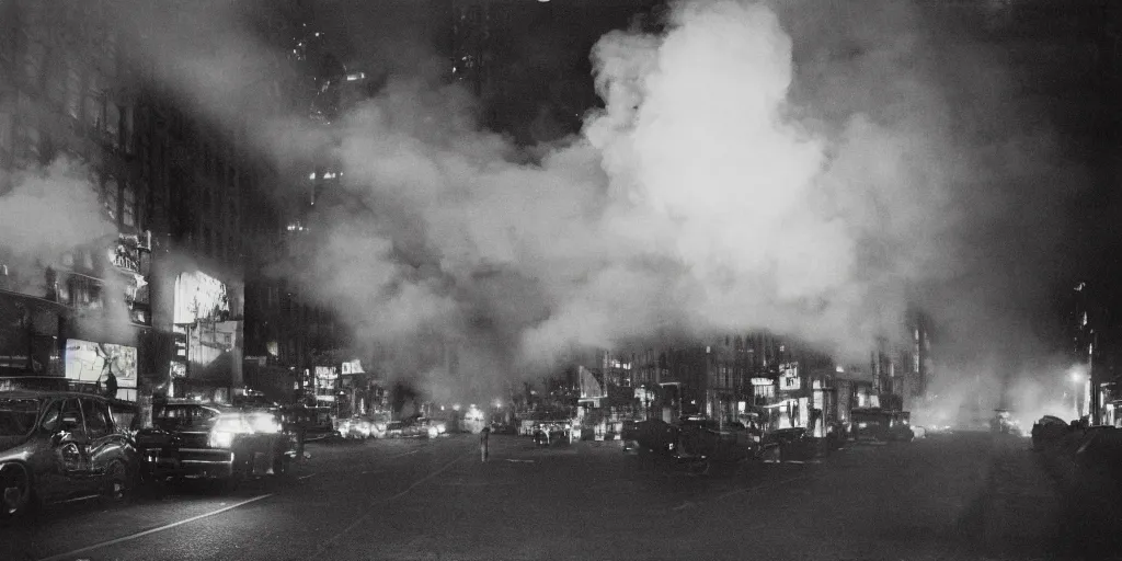 Image similar to a high resolution photo of a new york street at night surrounded with smoke and cars with bright headlights by robert capa, realistic photo, leica, cinematic lighting, magnum award winning photograph, parallax photography,