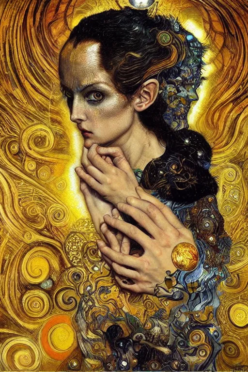 Image similar to Divine Chaos Engine by Karol Bak, Jean Deville, Gustav Klimt, and Vincent Van Gogh, beautiful visionary mystical portrait, sacred, otherworldly, fractal structures, surreal, ornate gilded medieval icon, third eye, spirals