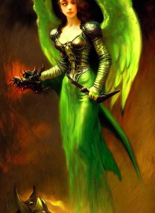 Prompt: angel knight gothic girl in dark and green dragon armor. by gaston bussiere, by rembrandt, 1 6 6 7, artstation trending, blue light, by konstantin razumov *