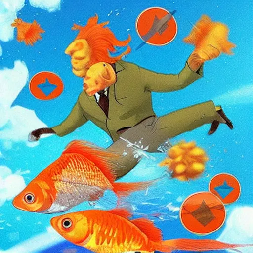 Prompt: “ a goldfish man superhero fighting an oil baron on a yacht. ”