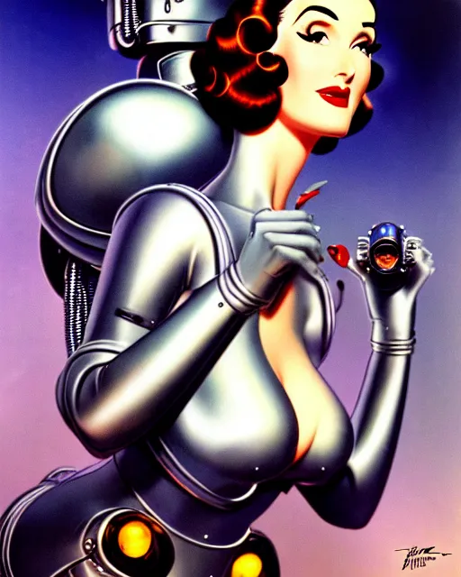 Image similar to closeup beautiful retro space dita von teese posing with a chrome robot in dieselpunk city at night, pinup, windblown dark hair, seductive, hyper detailed, digital art, smooth, sharp focus, luis royo, gil elvgren, alberto vargas, 1 9 5 0, when mars attacks