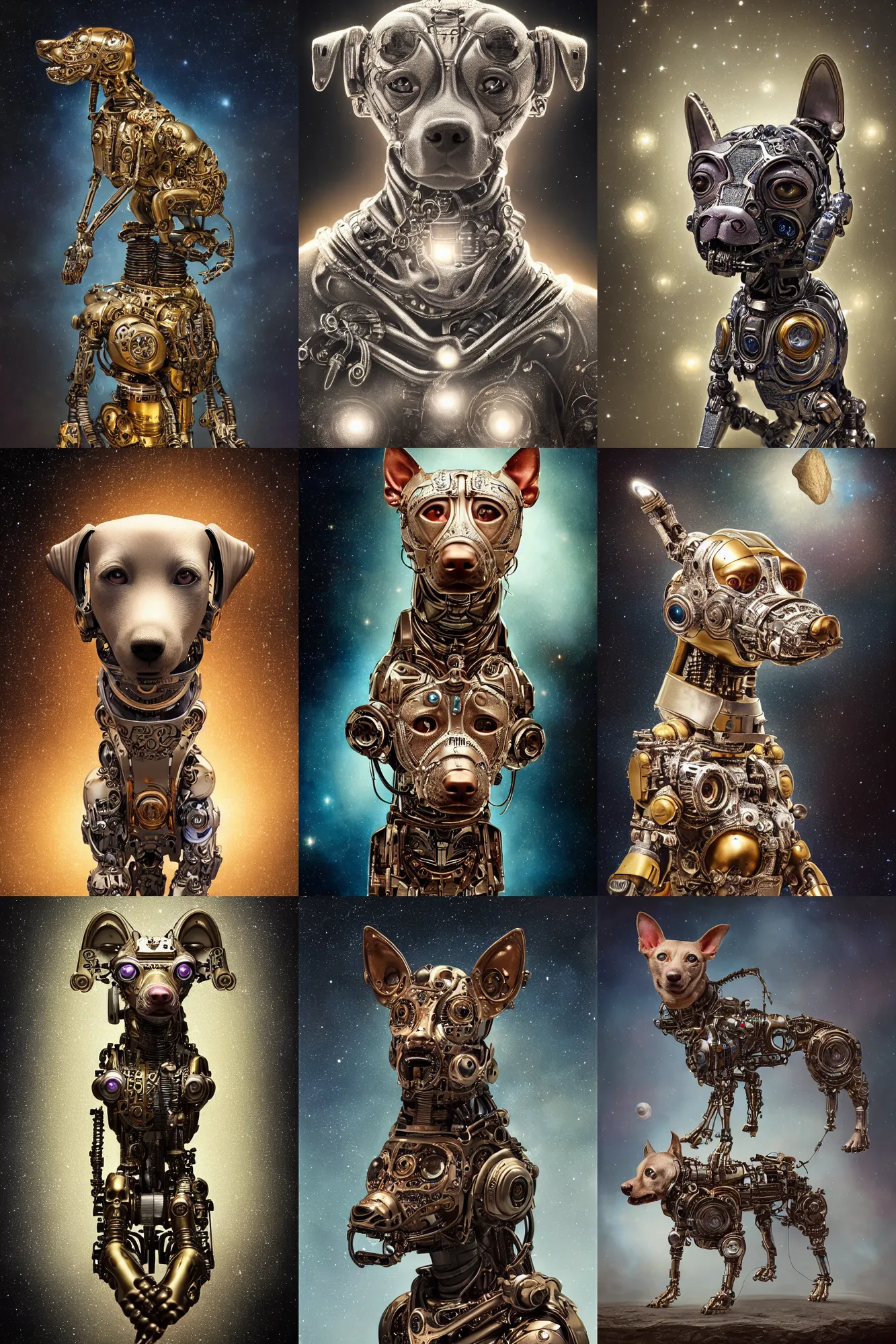 Prompt: a beautiful ultradetailed fine art photo of an ancient aztec hairless cybernetic cyborg dog set against starry space, by tom bagshaw and anna dittman, portrait, soft backlighting, vignette, 5 0 mm lens, golden ratio composition, detailed faces, studio lighting, very detailed, industrial mechanical robot dogs, artstation, 8 k, highly coherent