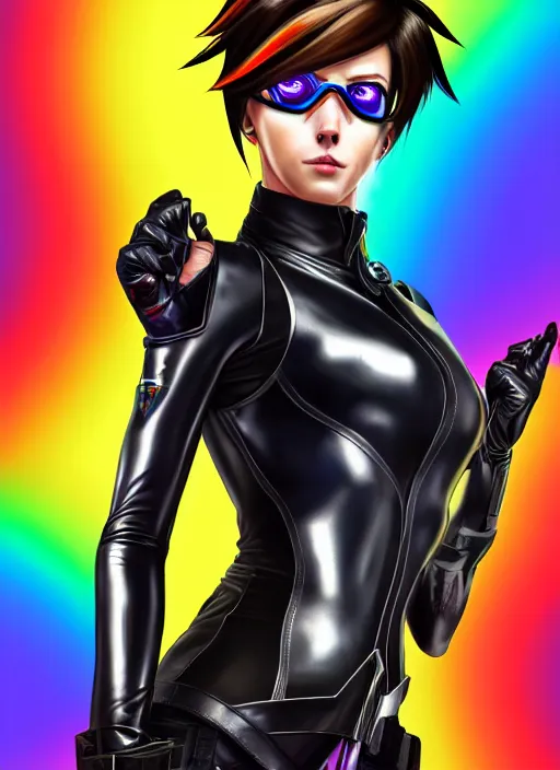 Image similar to hyperrealistic style portrait digital artwork of tracer overwatch, confident pose, wearing black iridescent rainbow latex, 4 k, expressive happy smug expression, makeup, in style of mark arian, wearing detailed black leather collar, wearing sleek armor, black leather harness, expressive detailed face and eyes,