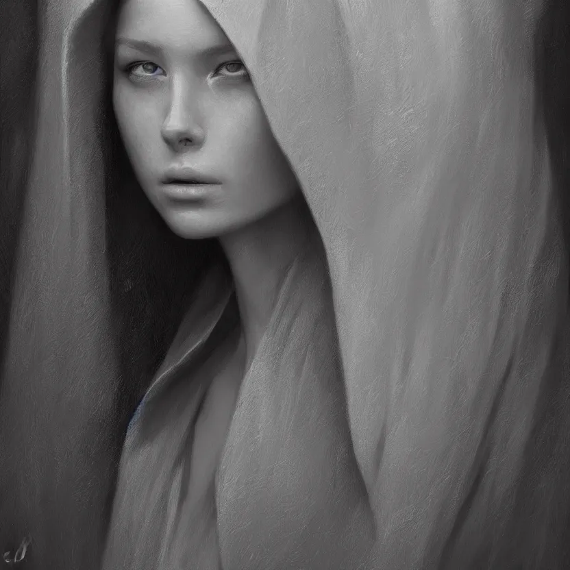 Image similar to Portrait of a young woman wearing a hooded robe, cinematic lighting, unique, intricate, elegant, highly detailed digital painting, trending on Artstation, concept art, smooth, sharp focus, illustration and art by Beksinski