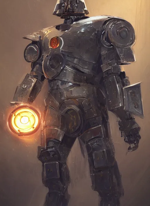 Image similar to full body, dynamic attack position abstract portrait of a intricate glorious holy mechanical warforged with circular glowing eye, character in yellow armor holding a paladin engraved great longsword drawn and carrying a big paladin shield, face in focus, pit droid, epic , trending on ArtStation, masterpiece, cinematic lighting, by Ross Tran and by Greg Rutkowski