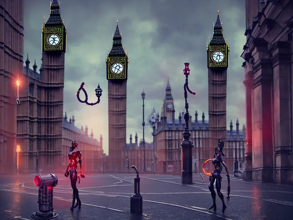 Image similar to a giant ancient beautiful cyborg of the elder gods with pipes and tubes in the city of London, an image of a beautiful cyborg, a beautiful cyborg, a cyborg, London streets with one bigben in the background, colourful, dramatic lighting, spring time, very detailed octane render very realistic beautiful