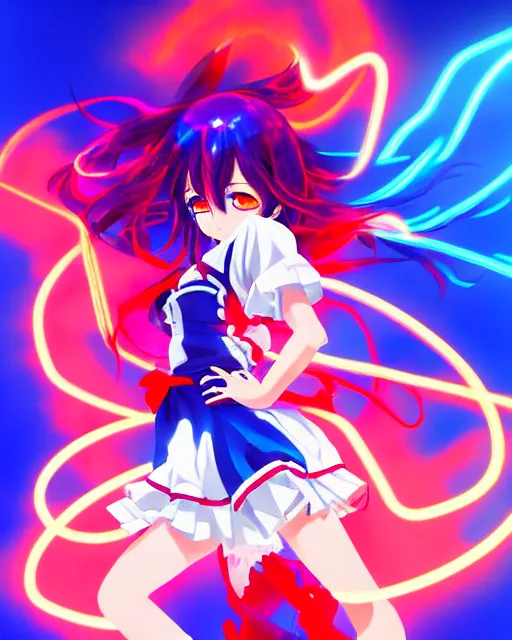 Image similar to anime style, vivid, expressive, full body, 4 k, painting, a cute magical girl idol with a long wavy hair wearing a dress fighting monsters, blue and red, balance, correct proportions, stunning, realistic light and shadow effects, neon lights, studio ghibly makoto shinkai yuji yamaguchi