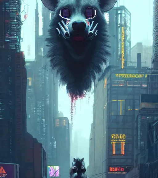 Image similar to new york city portrait of furry anthro anthropomorphic spotted hyena head animal person fursona wearing clothes strange cybernetic muzzle gloomy rainy screenshot from the video game cyberpunk 2077 digital art by Greg Rutkowski, Simon Stalenhag, christopher nolan trending on Artstation, CGSociety