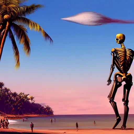 Image similar to Beautiful digital painting portrait of relaxed skeleton walking on the tropical beach with nuclear bomb explosion in the background, by James Gurney, high quality, trending on Artstation, realistic, tropical color scheme, anatomically correct skeleton, high coherence, clear blue sky