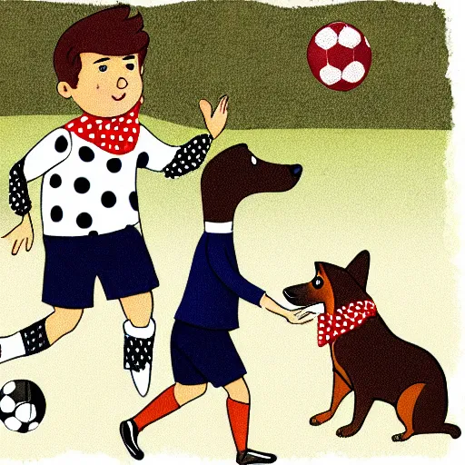 Image similar to illustration of french boy in paris playing football against a corgi, the corgi is wearing a polka dot scarf