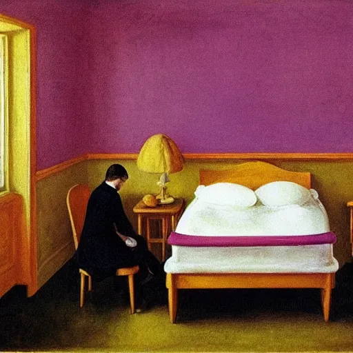 Image similar to a lonely figure in an haunted hotel abandoned room, hyperrealistic film still by edward hopper, by gottfried helnwein, by klimt, by paolo uccello, art noveau, highly detailed, strong lights, liminal, eerie, metaphysical, bright pastel colors,