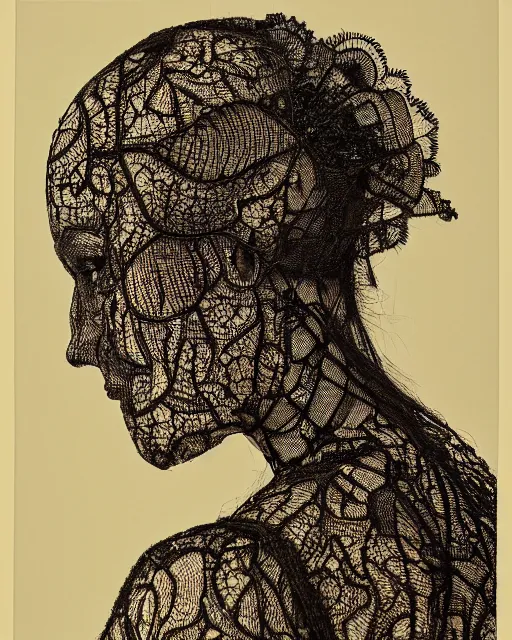 Image similar to a woman's face in profile, made of intricate lace skeleton, in the style of the dutch masters and gregory crewdson, dark and moody