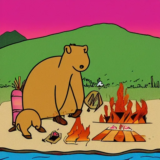 Image similar to capybaras camping on the seaside and one is playing guitar around the fire by matt groening by yuga labs and by pendleton ward