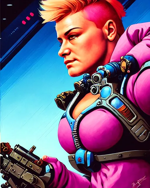 Image similar to zarya from overwatch, character portrait, portrait, close up, concept art, intricate details, highly detailed, vintage sci - fi poster, retro future, in the style of chris foss, rodger dean, moebius, michael whelan, and gustave dore