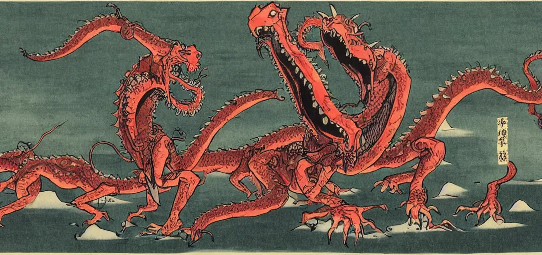 Prompt: concept art of dragon attack, lovecraftian, lots of teeth, melting horror, fighting the horrors of the unknown with laser guns, ukio - e