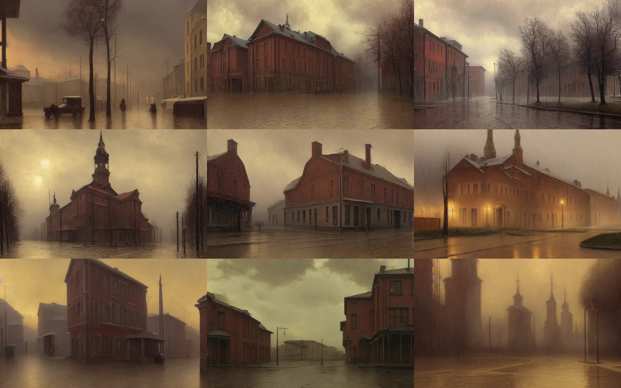 Prompt: detailed!! by carl gustav carus!!, old soviet residential area, rain, masterpiece 8 k resolution