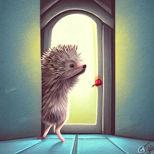 Image similar to cute adorable hedgehog opening the door, waving, smiling, cute, hedgehog, by cyril rolando