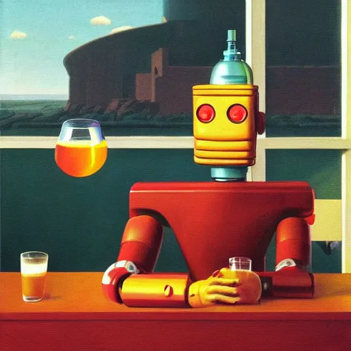 Image similar to a futurama-robot having a drink with his best friend Phillip Fry by Raphael, Hopper, and Rene Magritte. detailed, romantic, enchanting, trending on artstation.