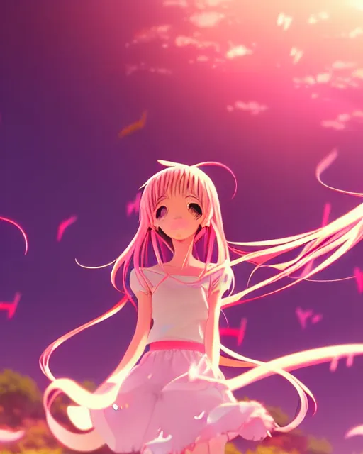 Image similar to anime style, vivid, expressive, full body, 4 k, a cute girl with white skin and long pink wavy hair singing a song, heavenly, stunning, realistic light and shadow effects, happy, centered, landscape shot, happy, simple background, studio ghibly makoto shinkai yuji yamaguchi