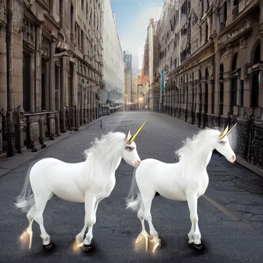 Image similar to two white unicorns riding bikes in city street, photoreal