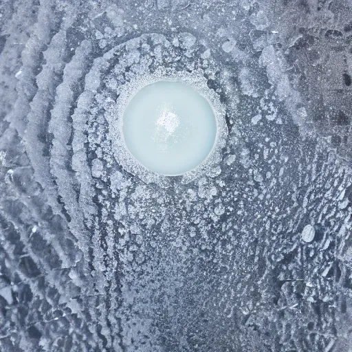 Prompt: a transparent sheet of frosted ice, with a weird eye behind it, XF IQ4, f/1.4, ISO 200, 1/160s, 8K, RAW, unedited, symmetrical balance, in-frame