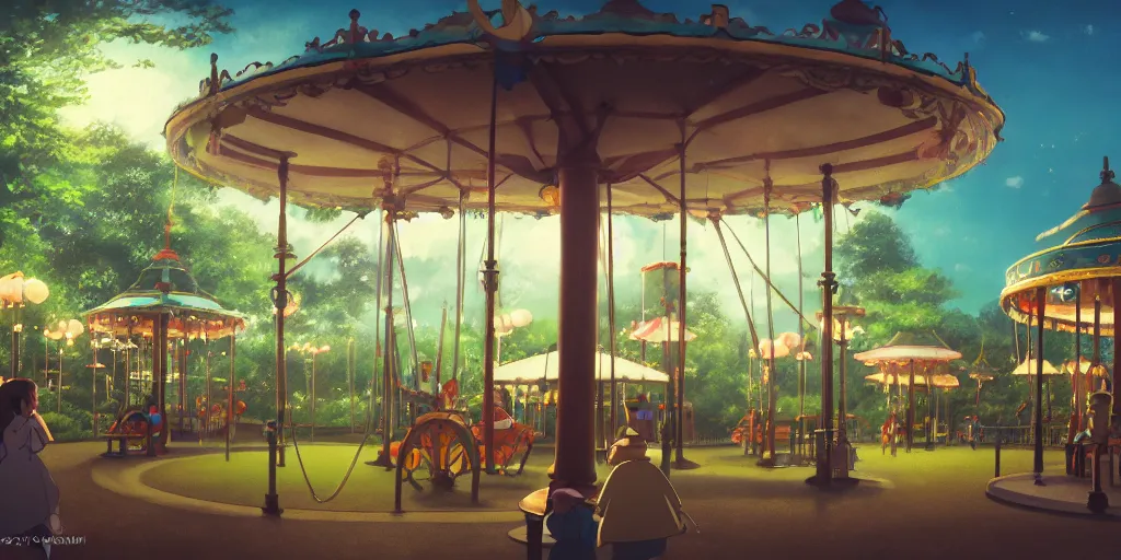 Image similar to at a merry - go - round park, evening, detailed matte painting, low angle view, telephoto lens, bokeh, hayao miyazaki, studio ghibli, artstation