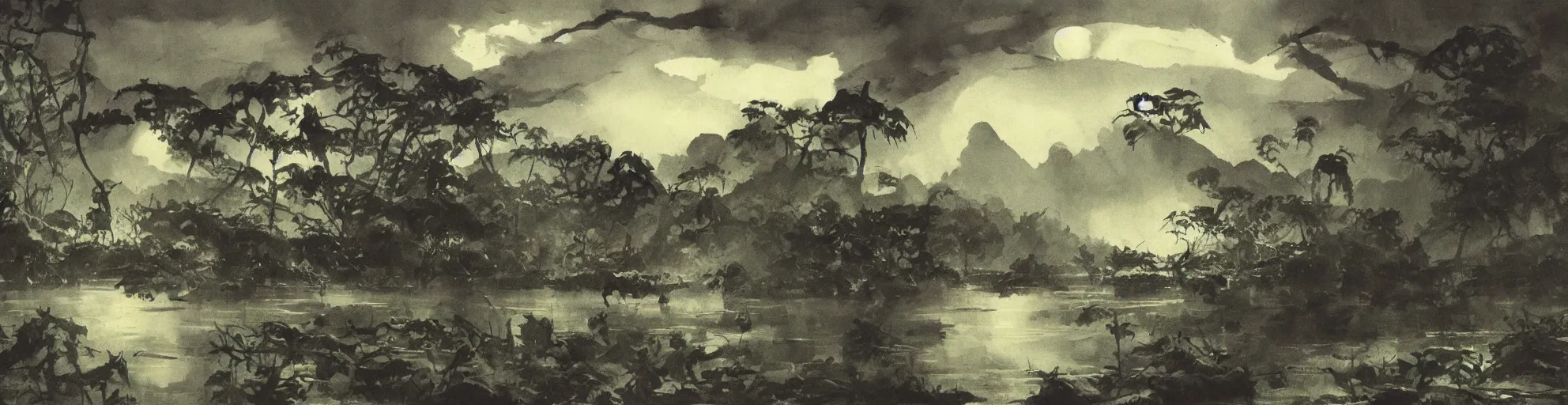 Prompt: panoramic moody jungle of the night on the bloody lake by Frazetta