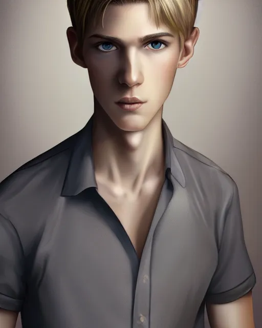 Image similar to portrait of 1 5 - year - old boy, a tall, slender boy with a pale, pointed face, sleek blond hair, and ice grey eyes, wearing in shirt, hyper realistic face, beautiful eyes, character art, art by mark brooks, hyperdetailed, cryengine, trending on artstation, digital art