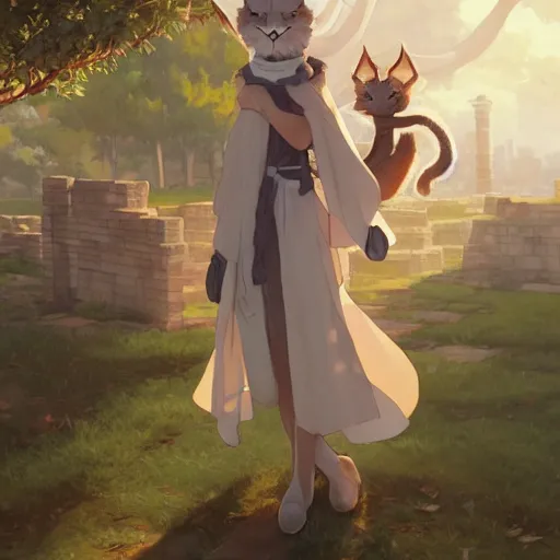 Image similar to a digital art of cute fluffy anthropomorphic caracal wearing toga, ancient greek city, sunny day, by greg rutkowski and makoto shinkai, krenz cushart and mucha and akihito yoshida and, long shot, back lighting, detailed, 4 k resolution, trending on art station