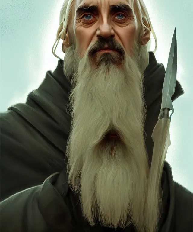 Image similar to portrait saruman, wearing dupont yellow chemical overalls, caricature, headshot, highly detailed, digital painting, artstation, concept art, sharp focus, cinematic lighting, illustration, art by met mangindaan, artgerm and greg rutkowski, alphonse mucha, cgsociety