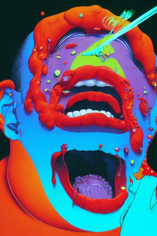 Prompt: a colorful vibrant closeup portrait of a magician licking a tab of lsd acid on his tongue and dreaming psychedelic hallucinations, by kawase hasui, moebius, edward hopper and james gilleard, zdzislaw beksinski, steven outram colorful flat surreal design, hd, 8 k, artstation